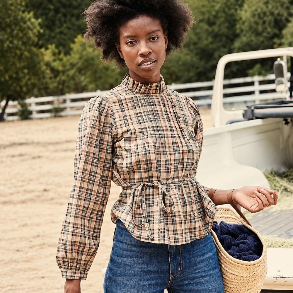 Doen Palmera Check Plaid Printed Waist Belted Blouse Pintucked Cotton Size Small